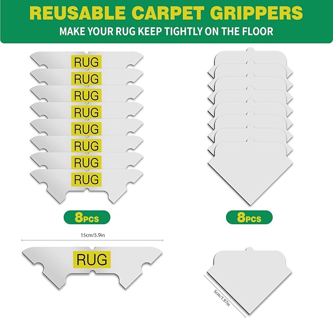 16 PCS Carpet Tape, Non Slip Rug Corner Pads for Hardwood Tile, No Residue | Reusable Removable Double Sided Adhesive,Secures Area Rug Corners,Fits Laminate LVP Floors,Rug Stickers,No Floor Damage