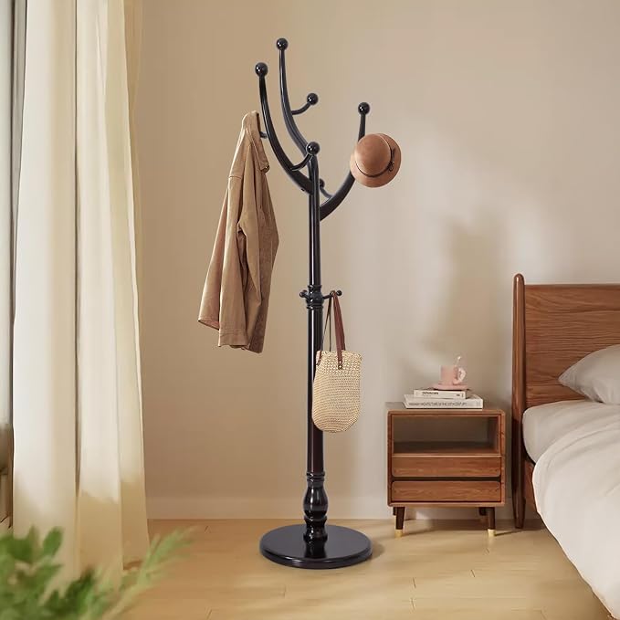 Bekrvio Tree Coat Rack Freestanding with Round Base, Unique Coat Hanger Stand, Heavy Duty Standing Coat Rack Clothes Stand for Winter Jacket, Hat, Entryway/Hallway/Bedroom, Red Brown