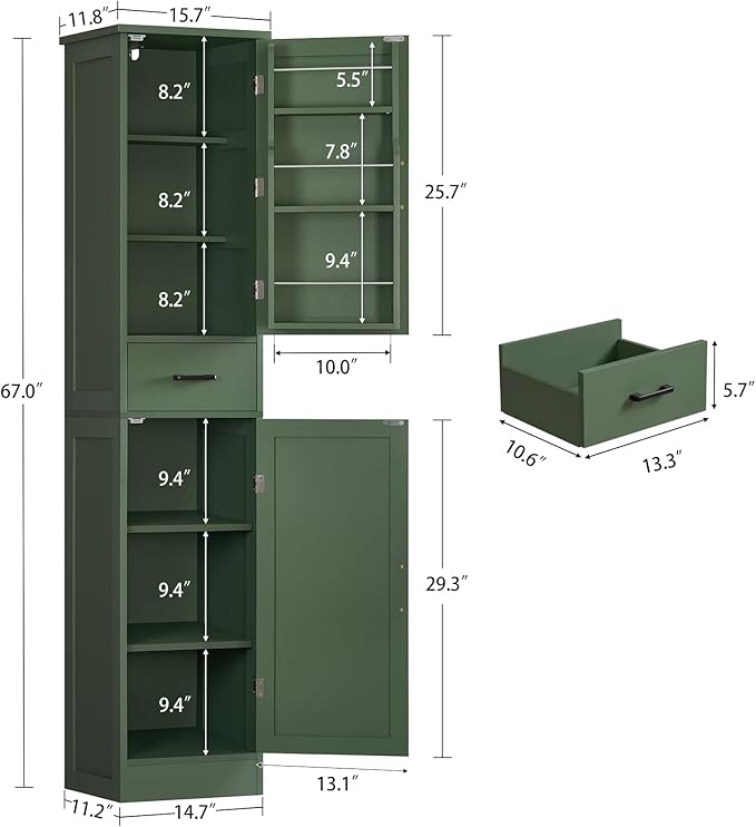 TEENFON Kitchen Pantry Cabinet with 3 Door Shelves & 1 Drawer, Narrow Bathroom Cabinet with Adjustable Shelves, Tall Storage Cabinet for Living Room, Bathroom, Entryway, Green