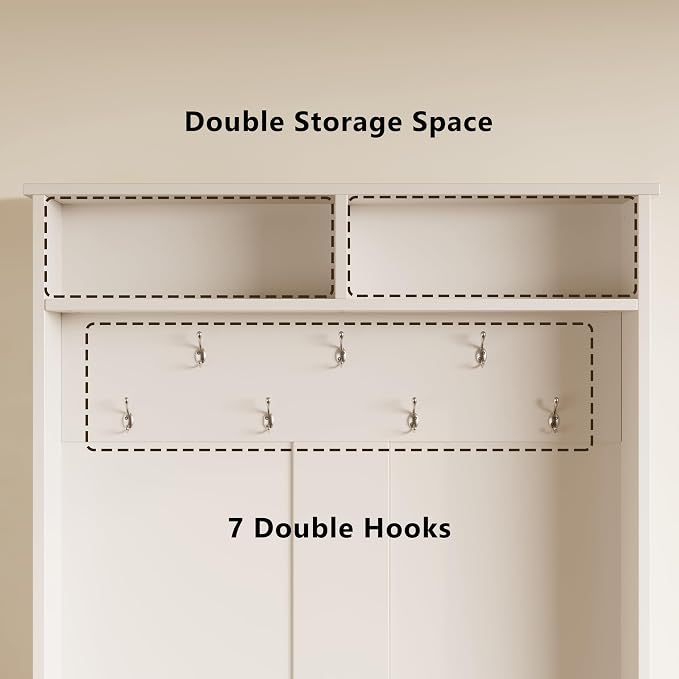 Aiho Hall Tree with Bench and Shoe Storage, 3-in-1 Entryway Hall Tree, with Adjustable Shoe Storage, for Entryway, Hallway, White