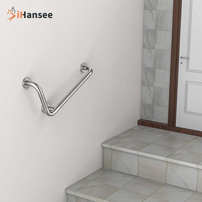 Brushed Nickel Angled Grab Bar 12x24 Inch, iHansee Bathroom Safety Bar w/Anti-Slip Knurled Grip, Wall Mount L-Shaped Shower Handle for Elderly Senior Handicap, Toilet Bathtub Balance Support Bar