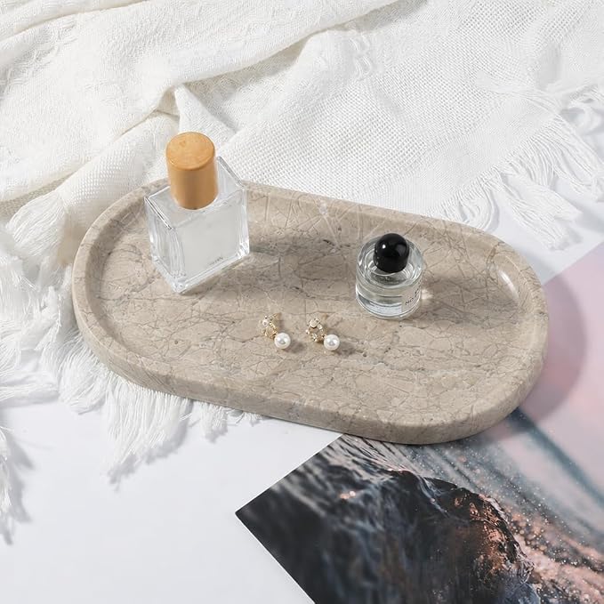 Koville Natural Silver Pearl Marble Decorative Tray, 10" x 5" Marble Vanity Tray for Bathroom Countertop Organizer Stone Trays, Catchall Tray Stone Plate for Perfume, Candles, Jewelry