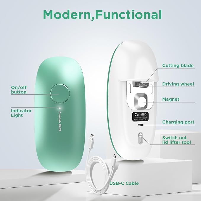 Canslab Ultrablade PRO Auto Stop USB Rechargeable Can Opener for Kitchen for Seniors with Arthritis, Long Battery Life, Handfree One Touch, Side Cut for Smooth Edge, Wall Mounted Small Size, Green