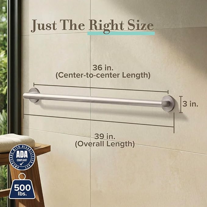 Gatco 976 Glam 36" Grab Bar, Satin Nickel/ADA Compliant Stainless Steel Safety Grab Bar for Bathroom