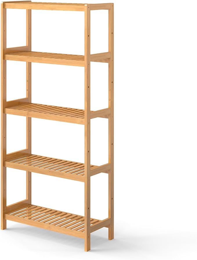 kinbor 5-Tier Bamboo Bathroon Shelf - Multifunctional Bamboo Rack Storage Shelving Rack Utility Shelf for Bathroom Kitchen Living Room