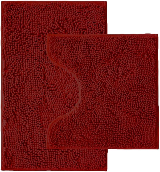 Bathroom Rugs Sets 2 Piece,Super Absorbent Chenille Bath Mats and U-Shaped Toilet Rug,Strong PVC Non Slip Backing,Microfiber Washable Dry Quickly Bath Mats for Bathroom(20"x32"+20"x20"U,Dark Red)