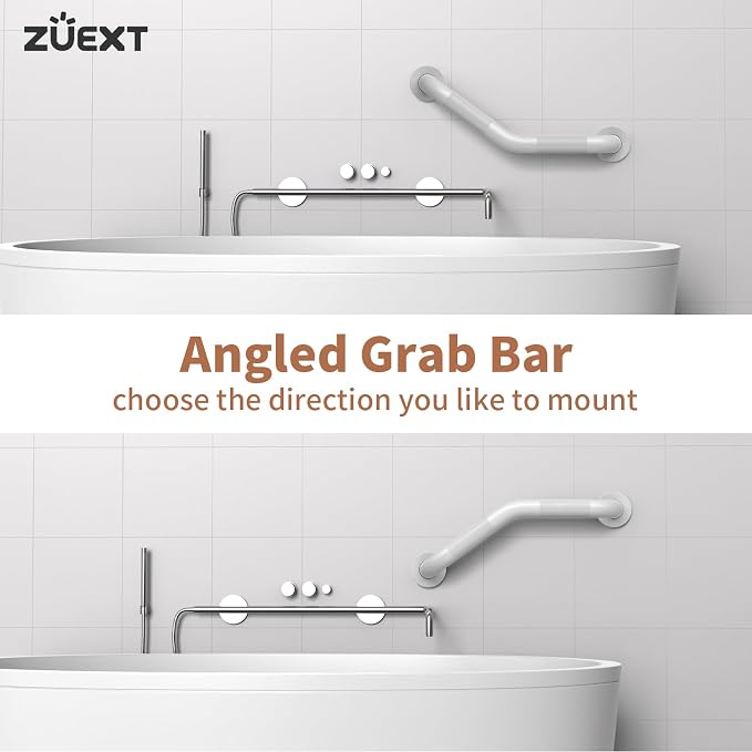 16 Inch Angled Grab Bar, ZUEXT Anti Slip Shower Grab Bar Handles, White Stainless Steel Knurled Bathroom Balance Bar, Safety Hand Rail Support for Handicap Elderly Injury Senior - 1.25" Diameter