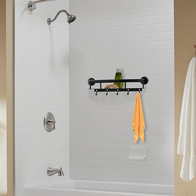 Black Shower Grab Bar Shelf 18 Inch, Zepolu Stainless Steel Shampoo Shelf Grab Bar, Wall Mount Bathroom Shelves Safety Balanced Support Bar Handrail Assist Handle for Elderly Senior Handicap