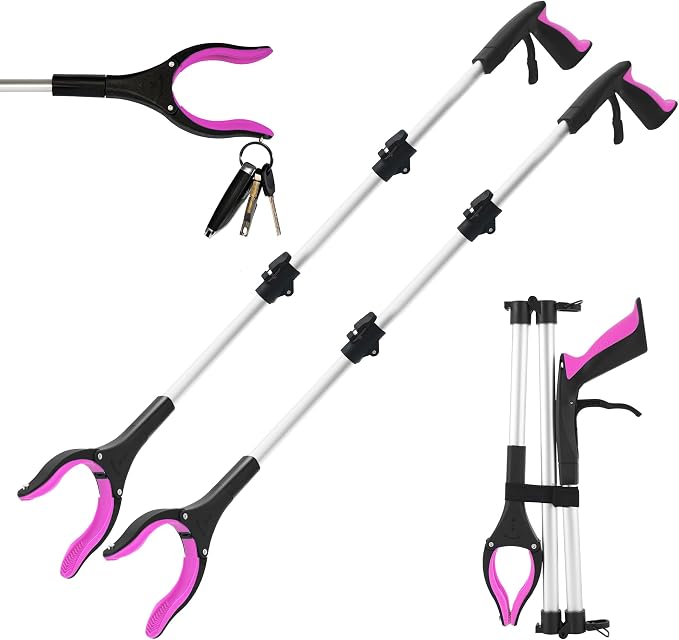 Grabber Reacher Tool for Seniors, 43" Foldable Reacher Grabbers Pickup Stick with Anti-Slip 360° Rotating Jaw, with Magnet for Disabled, After Surgery Recovery (Pink, 43inch 2pack)