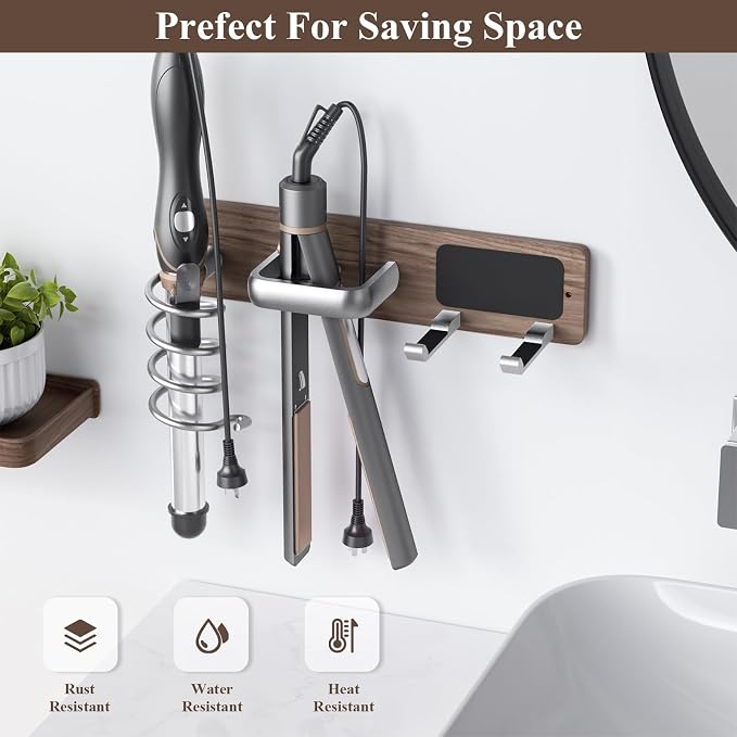 Tindbea Hair Dryer Holder Wall Mount Aluminum Alloy Hot Tools Organizer | Walnut Wood Silver
