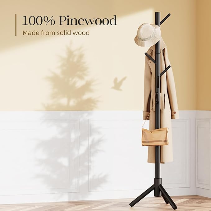 Pipishell Solid Wooden Coat Rack Freestanding, Hall Tree with 8 Hooks, 3 Height Options for Coats, Hats, Handbags, and Scarves, Tool-Free Assembly, Space Saving Design for Entryway, Office, Bedroom