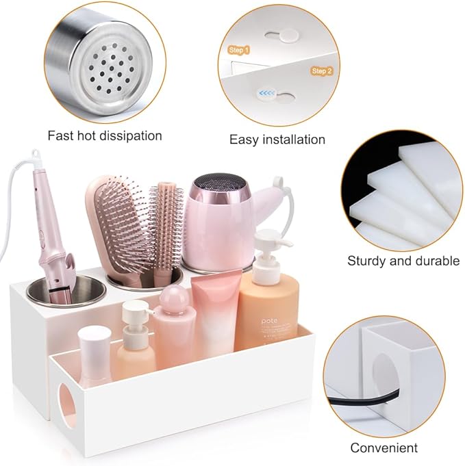GFWARE Hair Tool Organizer - Bathroom Vanity Organizers and Storage, Hair Styling Accessories Hot Tools Organizer Hair Dryer, Blow Dryer, Curling Iron, Flat Iron, Hair Straightener, White