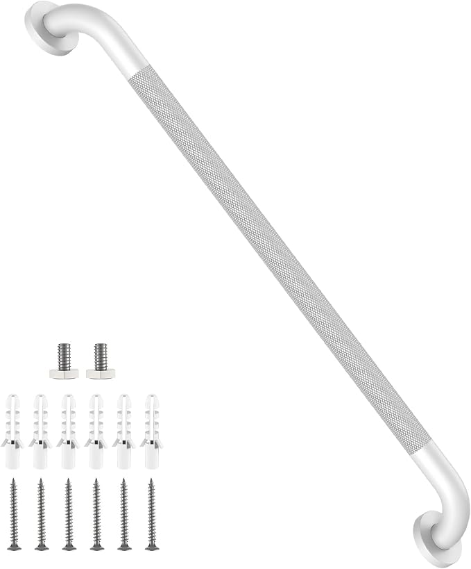 Shower Grab Bar 32 Inch, iHansee White Bathroom Grab Bar w/Anti-Slip Knurled Grip - 1.25" Diameter, Stainless Steel Bath Safety Bars for Senior Elderly, Wall Mounted Toilet Bathtub Balance Handrail