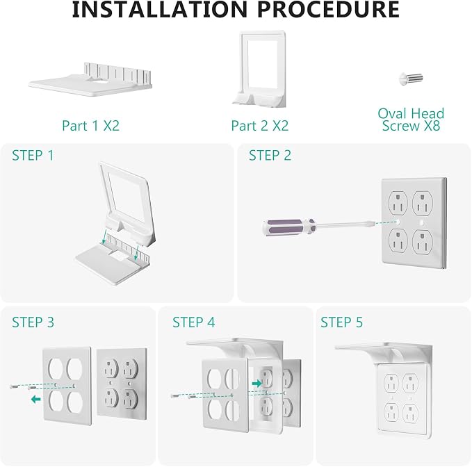 WALI Double Outlet Shelf Wall Holder – Bathroom Shelf Duplex for Electric Toothbrush, HomePod Mini, Echo Dot & Phone Charging – White-2 Packs (DLS002)