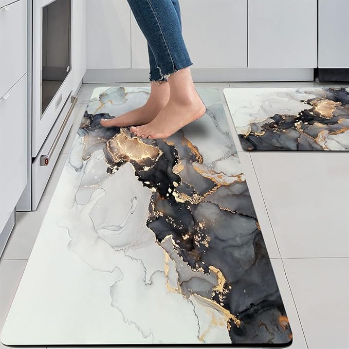 Mrcrypos 2 Pieces Luxury Black and Gold Marble Kitchen Mats PVC Leather Waterproof Non Slip Cushioned Standing Mats Anti Fatigue Kitchen Comfort Mats for Floor,Sink,Laundry,Office 17"x29"+17"x47"