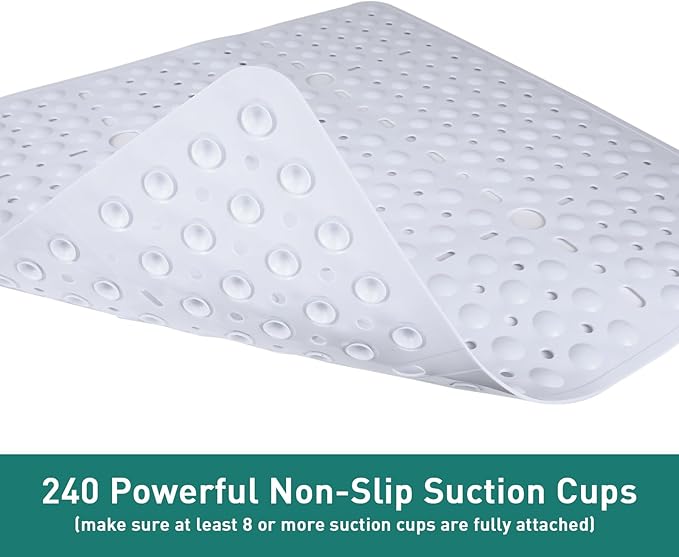 Large Square Shower Mat 27 x 27 Inch White, Non Slip Shower Bathtub Mats for Inside Shower With Big Suction Cups Drain Holes, Anti Slip Bathroom Floor Shower Stall Mats, Easy Clean, BPA-Free