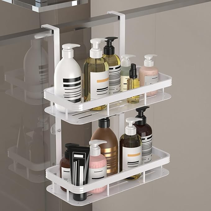 White Over Door Shower Caddy, Rustproof Bathroom Organizer, 2-Tier Storage Rack, 11.81x5.31 Inch Shelves, No Drilling Required
