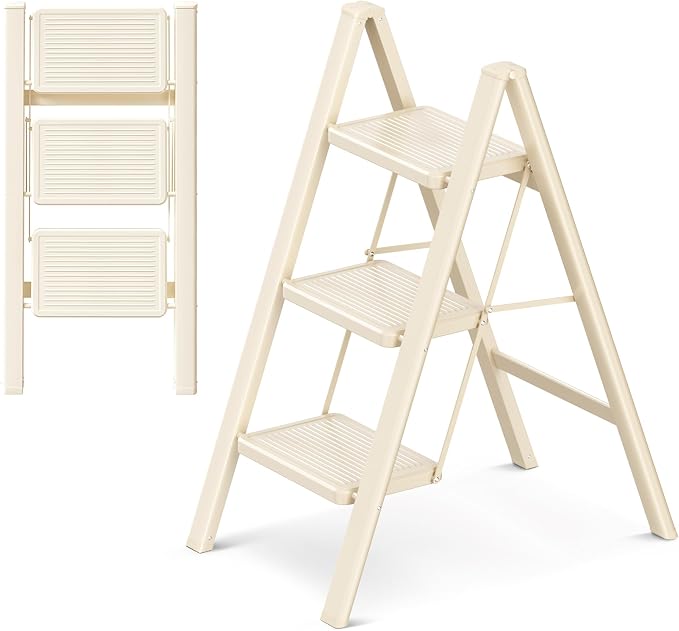 3 Step Ladder Folding Step Stool with Wide Anti-Slip Pedal, 330LBS Capacity, Lightweight Portable Stepladder for Home and Kitchen Use, Cream White