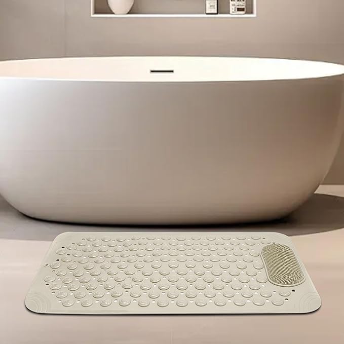 Bathtub Mat 27x14 inch Non Slip Shower Mat with Suction Cups, Anti Slip Shower Mat with Drain Holes Foot Scrubber, Machine Washable Bath Tub Shower StallMat (Khaki)