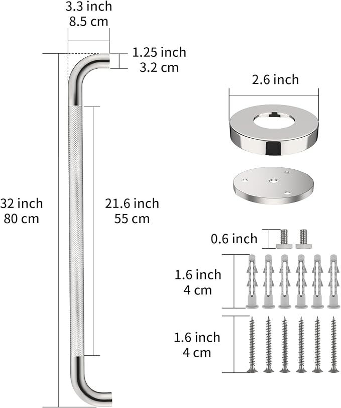 2 Pack 32 Inch Anti Slip Shower Grab Bar Handles, ZUEXT Chrome Stainless Steel Knurled Bathroom Balance Bar, Safety Hand Rail Support,Handicap Elderly Injury Senior Assist Bath Handle(1.25" Diameter)