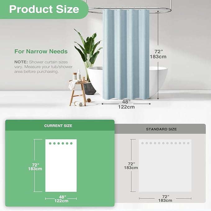 Dynamene Stall Fabric Shower Curtain - 48 inch Wide Waffle Weave Weighted Thick Cloth Shower Curtains for Bathroom, Neutral Heavy Duty Hotel Spa Luxury Bath Curtain Set with 8 Hook, 48x72, Fog Blue