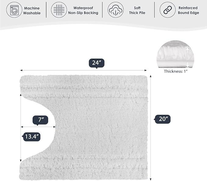 PURRUGS Bathroom Rug Non-Slip Machine Washable 20" x 24" U-Shaped, Super Absorbent and Quick Dry Shaggy Microfiber Bath Mat, Extra Soft and Plush Contour Rug for Toilet Base, White