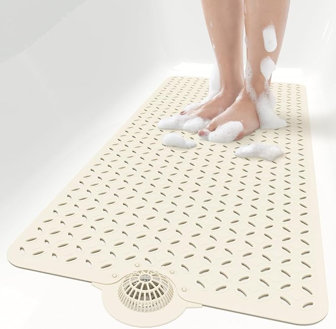 OTHWAY Bath Mat for Tub Non Slip: 39" X 17" Long Bathtub Mat with Hair Catcher│Big Drain Holes Shower Mats for Inside Shower│Machine Washable (Beige)