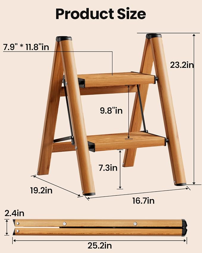 SOLADDER 2 Step Ladder, Folding Step Stool with Anti-Slip Wide Sturdy Pedal, Multi-Use for Home and Kitchen Use, Space Saving-Woodgrain(300lbs Capacity)