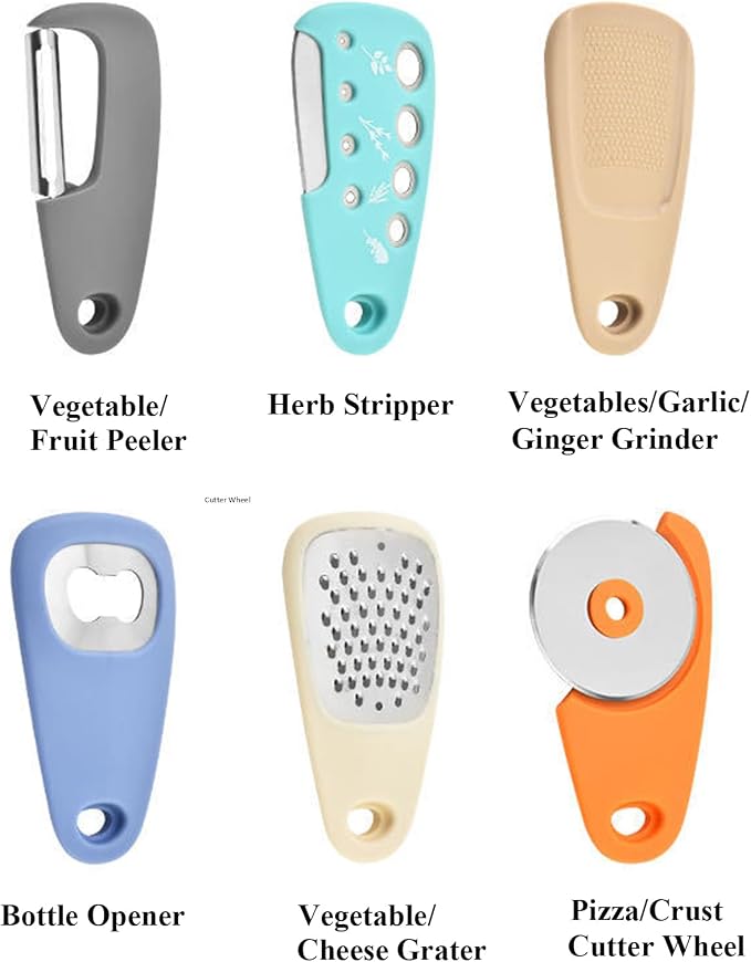 Kitchen Gadgets Set 6 Pieces, Space Saving Cooking Tools Kitchen Accessories-Garlic Grinder, Cheese Grater, Vegetable Peeler, Pizza Cutter, Herb Stripper, Bottle Opener, Gadgets Gift Set (Multicolor)