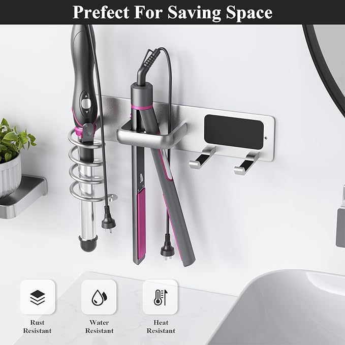 Tindbea Hair Dryer Holder Wall Mount Aluminum Alloy Hot Tools Organizer | Heavy Duty, Silver