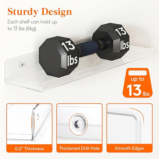 Lifewit Floating Shelves for Wall, Acrylic Display Shelf Wall Mounted for Figure, Car, Art, Book, 14" Perfume Organizer for Bathroom, Bedroom, Living Room, Nursery, Home Decor, Clear, 6 Pack
