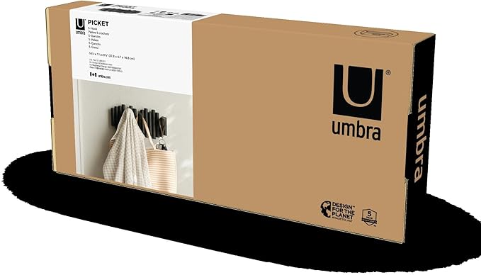 Umbra Picket Wall-Mounted Coat Rack Rail Hook with 5 Retractable Wood Pegs – Modern, Space-Saving Storage Organizer, Black