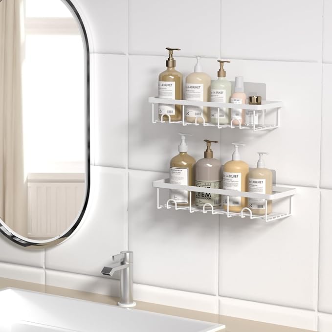 White Shower Caddy Organizer, 2 Pack Adhesive Shampoo Holder Basket Shelves for Storage and Organization, Wall Suction Bath Bathtub Rack Set for RV Camper, Bathroom Restroom Decor and Accessories