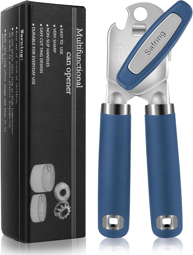 Safring Can Opener Manual, Heavy Duty Handheld Strong Can Opener with Soft Touch Handle, Sharp Blade Smooth Edge, Can Openers with Multifunctional Bottle Opener, Blue