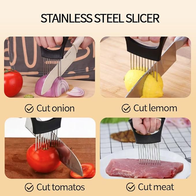 Onion Holder for Slicing, Stainless Steel Onion Slicer and Chopper, Lemon Slicer Vegetable Cutter Kitchen Tool, Food Slicing Assistant for Meat, Tomato, Potato, Lemon (2 Pack)