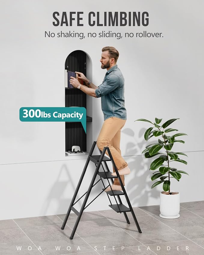 WOA WOA 4 Step Ladder, Foldable Step Stool, Aluminum Lightweight Ladder for Home Kitchen Closet, Anti-Slip Pedals, Ease of Folding, Portable, 300lbs Capacity - Black