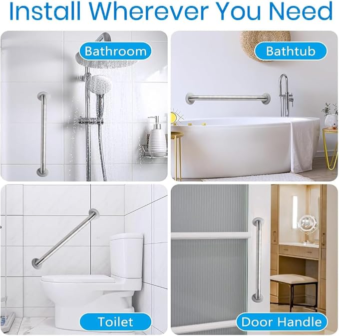 20 Inch Shower Grab Bar for Seniors 2 Pack,1.25'' Diameter 304 Stainless Steel Heavy Duty Anti-Slip Bathroom Safety Handicap Grab Bar for Shower, Bathtub & Toilet, Wall Mounted, Supports 500lbs