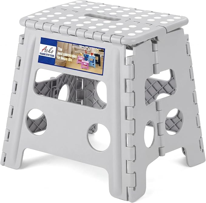ACKO Folding Step Stool Foldable Stool 13 inch Plastic Stools for Kids and Adults Up to 300 lbs,Stepping Foot Stool with Portable Handle for Kitchen Closet Bedroom (Grey)