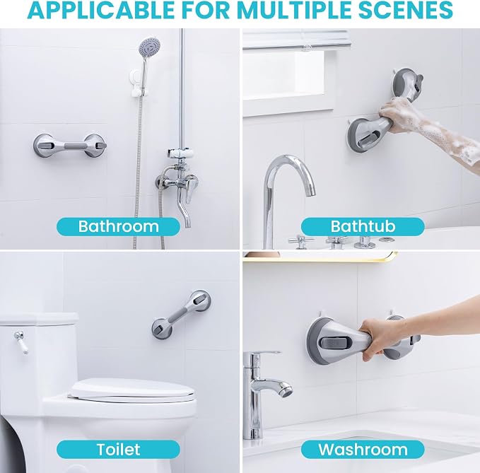 TAILI Shower Handles for Elderly Suction, 2 Pack 12 Inch Shower Grab Bars for Seniors, Grab Bars for Bathtubs and Showers, No Drilling Removable Safety Shower Grip, Silver,G9