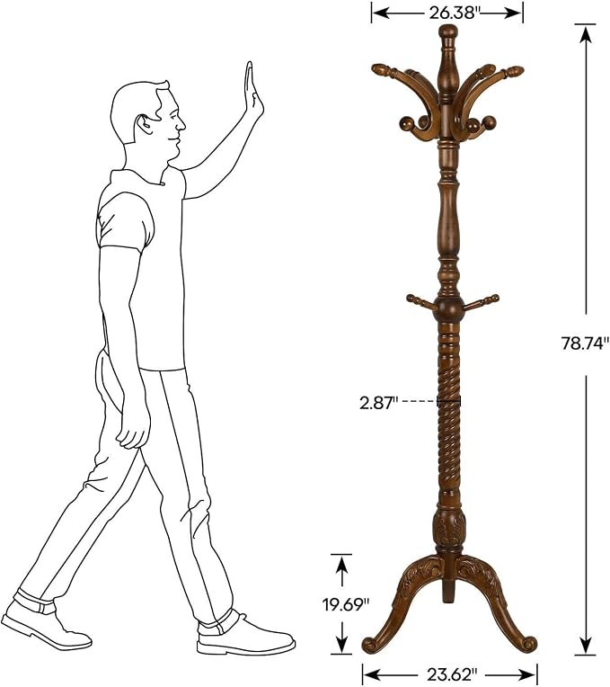 Bekrvio Coat Rack Freestanding Tree Stand with 8 Hooks, 79'' Heavy Duty Premium Ash Wood Hanger Stand, Floor Standing Clothes Hat for Entryway, Corner,Hallway,Bedroom, Office,Brown-Style 2