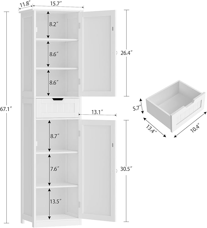 TEENFON 67" H Tall Bathroom Cabinet with 2 Doors & 1 Drawer, Narrow Bathroom Storage Cabinet with Adjustable Shelves, for Living Room, Entryway, Kitchen, White