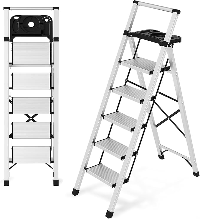 5 Step Ladder with Tool Tray - 600lbs Heavy Duty Lightweight Step Stool with Extended Handrails, Work Platform for Home Maintenance & DIY Projects