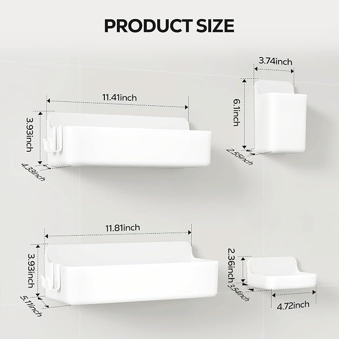 Nieifi Adhesive Wall Shelf, Shower Shelves, Shower Organizer for Bathroom Organization (White, 4 pieces)