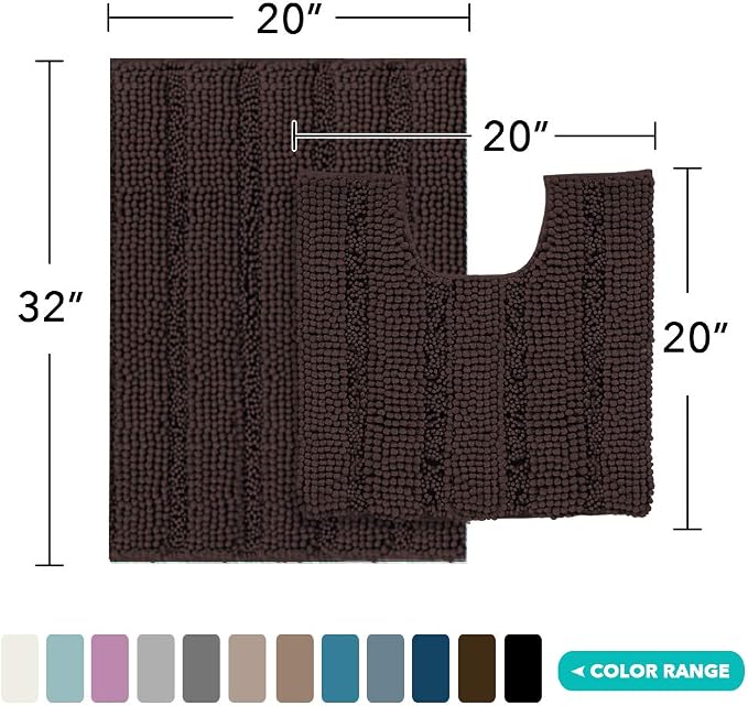 Turquoize Chenille Bathroom Rugs Set Non-Slip Bath Mats for Bathroom Super Absorbent Shaggy Shower Mat for Tub Kitchen Plush Bath Rug Plus U Toilet Mat (Standard: 20" x 32" and 20" x 20" U), Chocolate