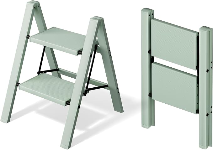 Mayi Plus 2 Step Ladder,Aluminum Folding Step Stool for Adults,Step Ladder with Wide Anti-Slip Pedal,330 lbs Capacity for Home,Office,Kitchen,Library(Green)