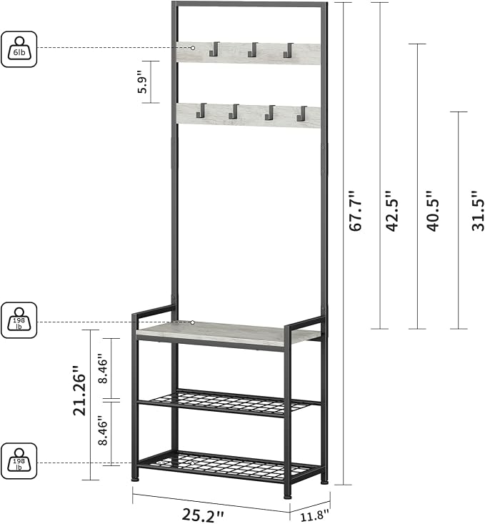 Hall Tree with Shoe Storage Bench - Entryway Bench with Coat Rack and Hooks - 3-in-1 Small Hall Tree for Entry Way, Entrance, Hallway, Doorway, Front Door, Mudroom, Small Space - Greige