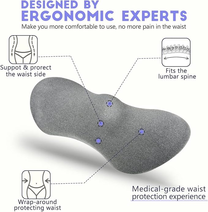 kasney Lumbar Support Pillow, Memory Foam Lumbar Pillow for Lower Back Pain Relief, Back Support Pillow for Office Chair, Car Seat - Dark Gray
