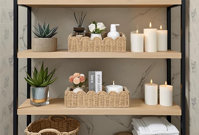 CubesLand Toilet Paper Storage Basket, Scalloped Edge Shelves Basket for Organizing for Over Toilet Tank Storage, Home Decor Baskets for Shelf, Countertop, Living Room, Bedroom, Handwoven, Beige