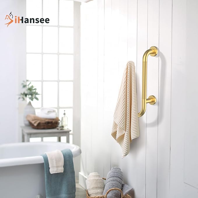 𝐔𝐩𝐠𝐫𝐚𝐝𝐞𝐝 Toilet Grab Bars 16 Inch - Toilet Paper Holder Grab Bar Stainless Steel Knurled Toilet Grab Bars for Seniors Bathtub Bathroom Rails for Elderly Bath Safety Balance Support, Gold