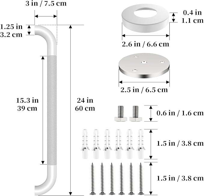 White Grab Bar 24 Inch, iHansee Anti-Slip Bathroom Grab Bar w/Knurled Grip, Stainless Steel Safety Handrail for Toilet Bathtub Shower, Wall Mounted Matte Black Handicap Bars Handle for Senior Elderly